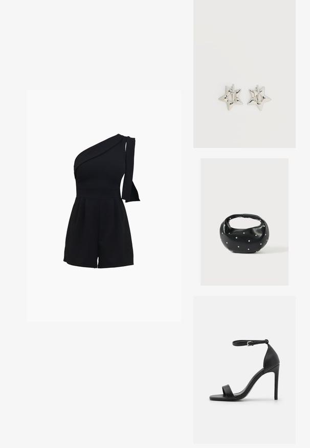 Zwart een-schouder romper met een aansluitend lijfje, geplooide shorts en een strikdetail op de schouder, gemaakt van een zachte, rekbare stof.; Zwarte sandalen met hoge hakken, met een slank ontwerp, voorzien van een enkelbandje, open teen en een gladde leren textuur.; Zwarte leren handtas met een afgeronde vorm, versierd met zilveren studs, en een korte handgreep. Gladde textuur en ritsluiting.; Zilverkleurige stervormige oorringen met een gladde, gepolijste afwerking op een effen witte achtergrond.