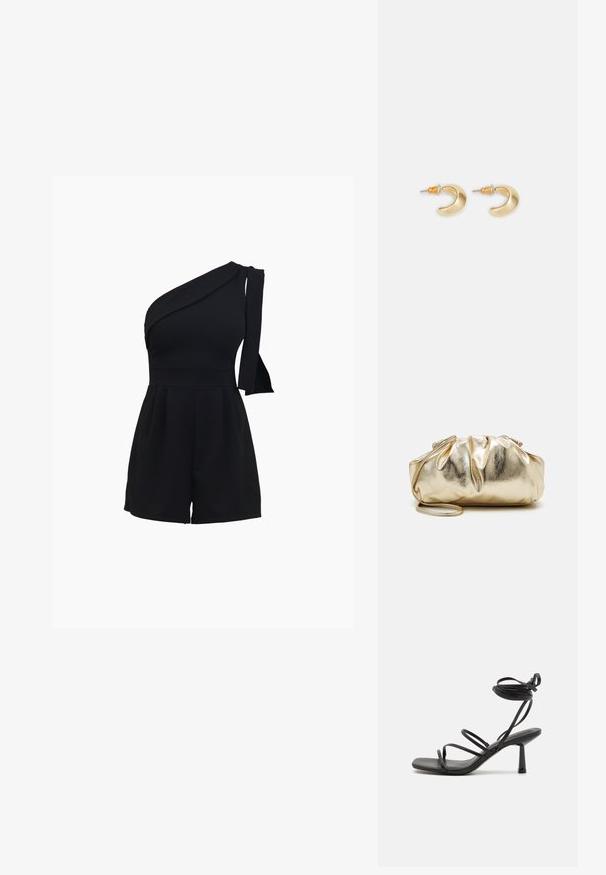 Combinaison noire à une épaule avec un corsage ajusté, un short plissé, et un détail à nouer sur l'épaule, fabriquée dans un matériau doux et extensible.; Sandale noire à lanières avec un bout carré, des liens de cheville réglables et un talon carré fin. Fabriquée en un matériau lisse et durable.; Pochette métallique dorée avec une texture froissée, de forme arrondie et douce, et une chaîne amovible. Présente un design froncé en haut.; Boucles d'oreilles en forme de croissant en or avec une finition lisse, présentant des accents orange près du clou et un matériel en argent.