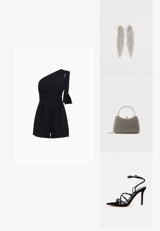 Must have ühe õla romper, millel on vormiv bodice, pleegete lühikesed püksid ja sõlmedetail õlal, valminud pehmest ja venivast materjalist.; Mustad kõrgete kontsadega sandaalid terava varbaga, õhukeste risti-kõrtsiste rihmade ja kuldse pandlaga pahkluu rihmaga ühevärvilisel heledal taustal.; Väike käekott hõbedase võrgumustriga, kõver käepide, suur pärlikinnitus ja õhuke hõbedane kettsahtel lihtsal taustal.; Hõbedased kõrvarõngad, millel on kaskaadiline disain, mitmekesised rida säravate rhinestone'idega, teravad tipud ja delikaatsed ketikatted.