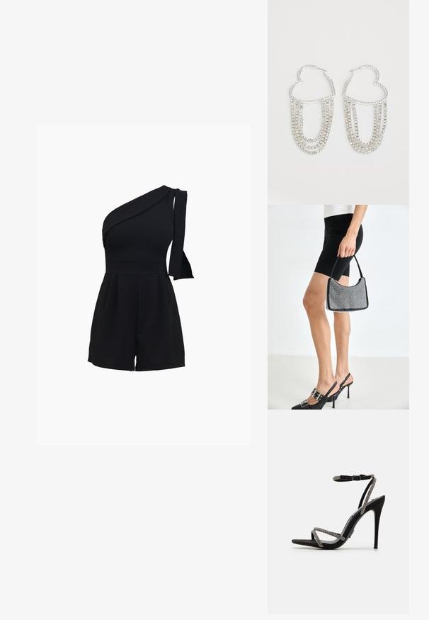 Schwarzer Ein-Schulter-Jumpsuit mit tailliertem Oberteil, plissierten Shorts und einer Schleifendetail an der Schulter, gefertigt aus einem weichen, dehnbaren Material.; Schwarze High-Heels-Sandalen mit dünnen, mit Schmuck besetzten Riemen und einer Schnalle am Knöchel. Aus Wildleder, offen an den Zehen und mit einer eleganten, spitzen Silhouette.; Schwarze Perlen-Handtasche mit geschwungener Silhouette, Tragegriff und glänzender Textur. Kombiniert mit schwarzen High Heels und enganliegenden schwarzen Shorts.; Silberne Creolen in Herzform, verziert mit herabhängenden Strängen aus klaren Strasssteinen für zusätzlichen Glanz und Textur.