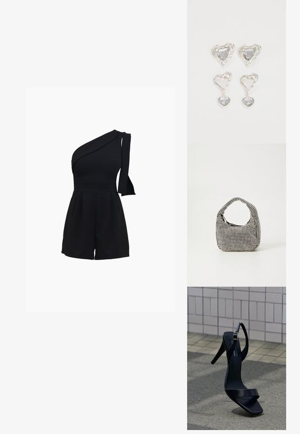 Combinaison noire à une épaule avec un corsage ajusté, un short plissé, et un détail à nouer sur l'épaule, fabriquée dans un matériau doux et extensible.; Sandale noire à talon haut avec bride à la cheville et bout carré, posée sur le pavé devant un mur carrelé.; Sac à main noir de forme arrondie, recouvert de petits rhinestones argentés, avec une poignée courte et une fermeture zippée sur le dessus.; Des boucles d'oreilles en argent en forme de cœur présentent des pierres claires facettées, avec un cadre texturé. L'ensemble comprend des styles à clou et des styles pendants.