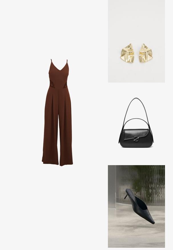 Mono marrón con escote en V, tirantes finos, detalles de encaje cortados en los laterales y pantalones de pierna ancha con diseño plisado.; Zapato mule negro de punta fina con tacón alto y delgado flotando sobre un suelo de hormigón liso, con un fondo desenfocado de rayas verticales.; Bolso de hombro de cuero negro con una solapa curva asegurada por un broche metálico redondo y una correa delgada y ajustable.; Pendientes metálicos dorados con un diseño ondulado; superficie lisa y reflectante; forma asimétrica; sin patrones o elementos visibles.