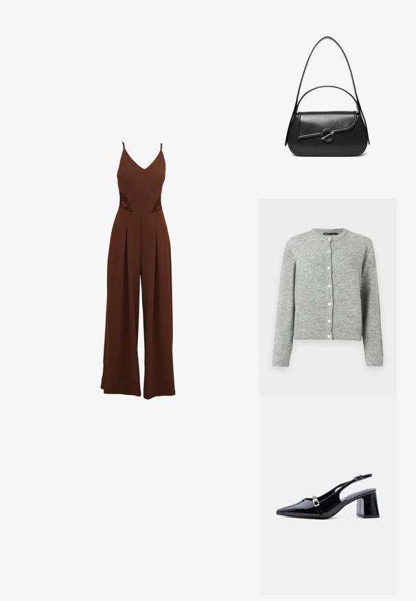 Brun jumpsuit med V-udskæring, tynde stropper, udskårne broderidetaljer på siderne og brede bukser med plisseret design.; Lys grå cardigan lavet af blødt strikstof, med rund halsudskæring, lange ærmer og seks hvide knapper ned ad fronten.; Sort laklæder slingback-hæl med spids tå, lav blokhæl og to små sølvspænder på stropperne.; Sort skuldertaske i læder med en buet klap, der er fastgjort med en rund metal spænde, og en slank, justerbar rem.