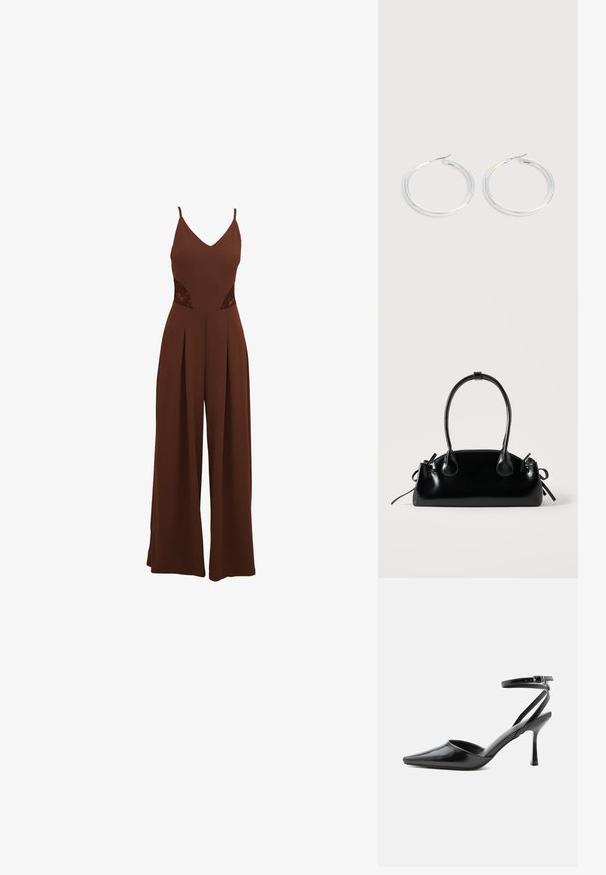 Brun jumpsuit med V-udskæring, tynde stropper, udskårne broderidetaljer på siderne og brede bukser med plisseret design.; Sort spids højhælet sko med tynde ankelremme og sølvspænde på en ensfarvet lys baggrund.; Lille sort blank håndtaske med to lange håndtag og snøre-detaljer i siden på en ensfarvet lys baggrund.; Par skinnende sølvøreringe med tynde trådlåse, vist på en lys grå baggrund.