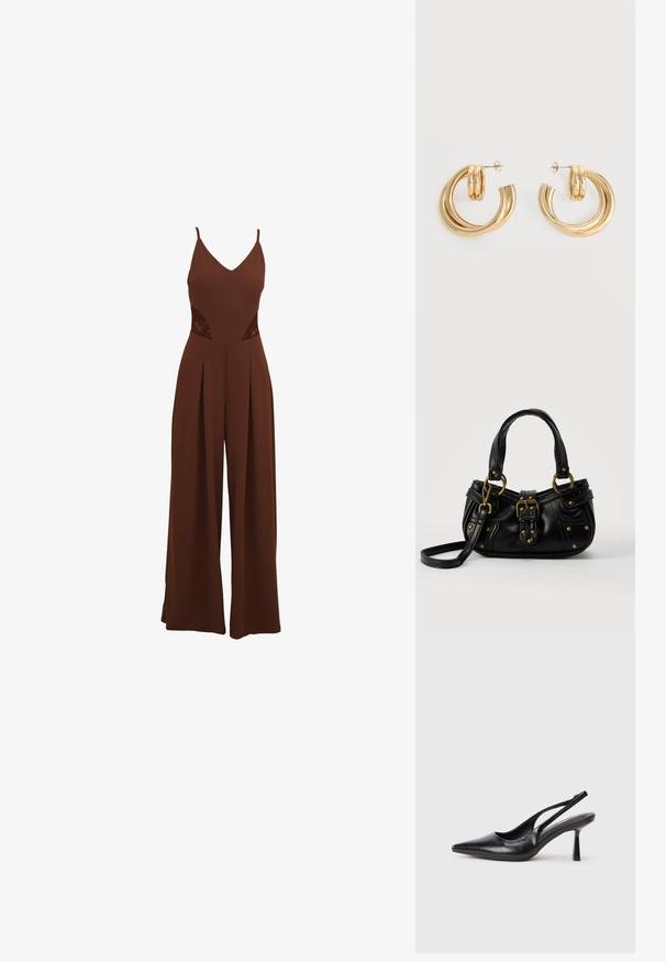Brun jumpsuit med V-udskæring, tynde stropper, udskårne broderidetaljer på siderne og brede bukser med plisseret design.; Sort læderslagback højhælet sko med spids tå og slank hæl på en hvid baggrund.; Sort læderhåndtaske med guldbælge og nitdetaljer, korte håndtag og en justerbar skulderrem på en ensfarvet hvid baggrund.; Par af skinnende gyldne dobbelt loop øreringe med stift-lukning på hvid baggrund.