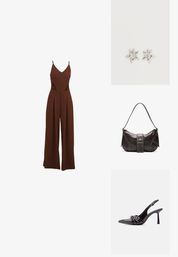 Brun jumpsuit med V-udskæring, tynde stropper, udskårne broderidetaljer på siderne og brede bukser med plisseret design.; Sort slingback højhælet sko i laklæder med spids tå og tre dekorative spænder over vristen.; Brun læder skuldertaske med en buet form, der har et fremtrædende spænde, kontrasterende syninger og en enkelt skulderrem.; Sølv stjerneformede øreringe med en glat, poleret finish på en ensfarvet hvid baggrund.