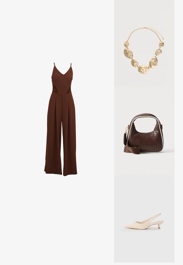 Brun jumpsuit med V-udskæring, tynde stropper, udskårne broderidetaljer på siderne og brede bukser med plisseret design.; Spidsnæbbede slingback sko i off-white læder, med en lille sløjfedetalje og en lav kitten heel. Glat tekstur, minimalistisk design.; Brun vævet læderhåndtaske med hvid piping, guldfarvet lynlås og aftagelig brun stofskulderrem.; Guldtonet kædehalskæde med seks uregelmæssige, hamret ovale og runde metalplader forbundet sammen og justerbar lås.