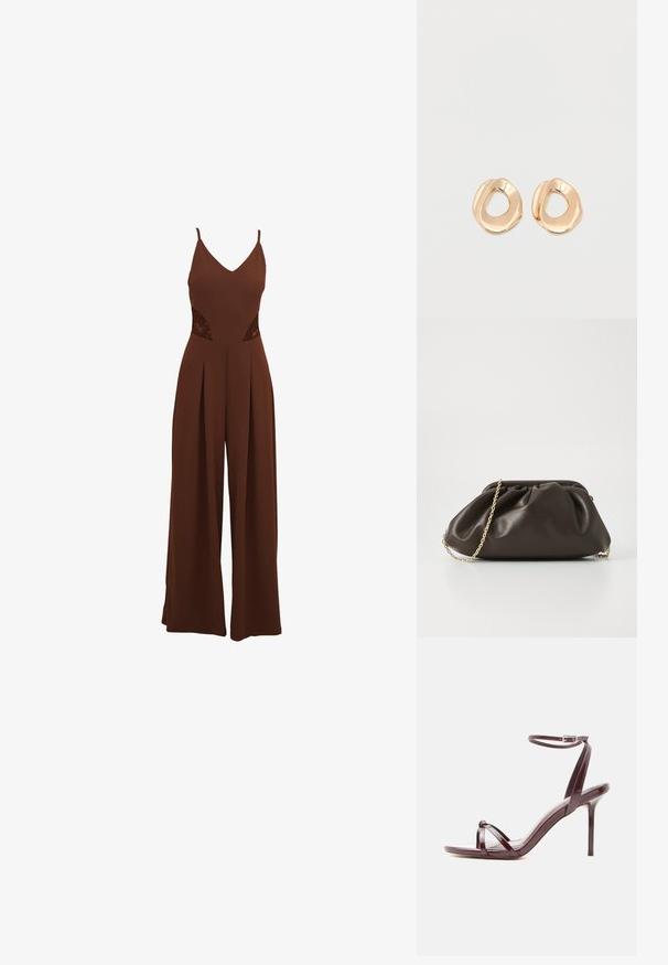 Brun jumpsuit med V-udskæring, tynde stropper, udskårne broderidetaljer på siderne og brede bukser med plisseret design.; Højhælet sandal i burgunderrødt laklæder med tynd ankelrem og krydsede tåremme på hvid baggrund.; Brun læderhandtaske med en sammensnøring, guld kædestrop og blød, struktureret overflade. Kompakt form velegnet til aftensbrug.; Par af uregelmæssigt formede, polerede øreringe i guldfarvet metal med åben midte på en ens hvid baggrund.
