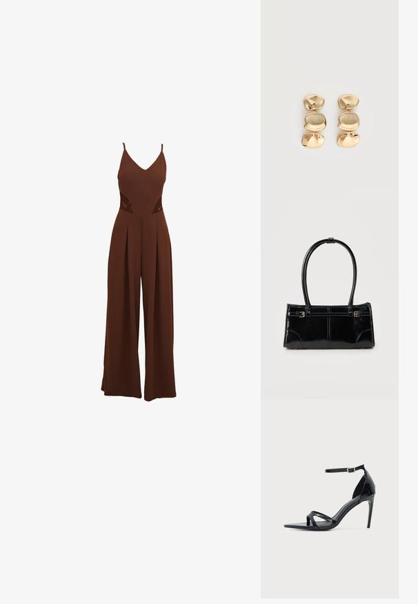Brun jumpsuit med V-udskæring, tynde stropper, udskårne broderidetaljer på siderne og brede bukser med plisseret design.; Sort laklædersandal med høje hæle, tynd ankelrem, åben tå og minimalistisk design på en ensfarvet lys baggrund.; Glansfuld sort rektangulær håndtaske med to tynde skulderremme og små guldbeslag foran.; Øreringe i guldfarve med dråbeform og tre uregelmæssige, glatte, afrundede segmenter stablet lodret på en enkelt lys baggrund.