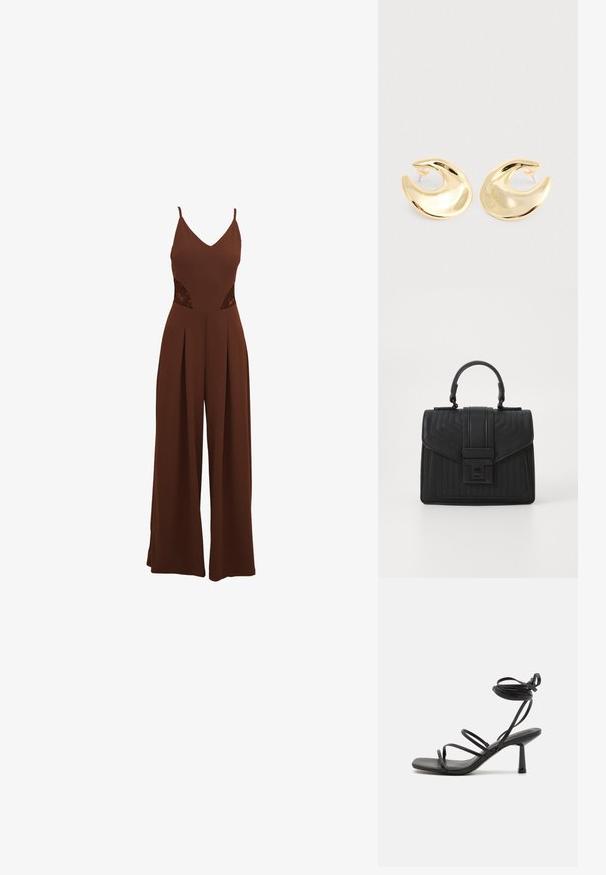 Bruine jumpsuit met een V-hals, dunne bandjes, uitgesneden kanten details aan de zijkanten en wijde broekspijpen met geplooid ontwerp.; Zwarte bandjes sandaal met een vierkante neus, verstelbare enkelbandjes en een slanke blokhak. Gemaakt van een glad, duurzaam materiaal.; Zwarte leren handtas met een gequiltte textuur, rechthoekige vorm, bovenhandvat en een voorflap met een zilverkleurige sluiting.; Een paar glanzende gouden halvemaanvormige studs met transparante plastic achterkanten op een lichtgrijze ondergrond.