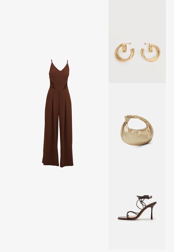 Mono marrón con escote en V, tirantes finos, detalles de encaje cortados en los laterales y pantalones de pierna ancha con diseño plisado.; Simmi London MACIA - Sandalias de tacón - chocolate; Bolso de metal dorado con una textura suave y brillante. Presenta un asa anudada y una forma redondeada y suave. Cierre de cremallera en la parte superior.; Par de pendientes de aro doble brillante de oro con cierres de presión sobre un fondo blanco.