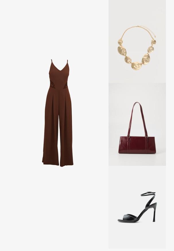 Brun jumpsuit med V-udskæring, tynde stropper, udskårne broderidetaljer på siderne og brede bukser med plisseret design.; Sort højhælet sandal med åben tå, tynd stilethæl og ankelrem med spænde på hvid baggrund.; Bordeaux håndtaske lavet af glansfuldt materiale, rektangulær form, med to skulderremme og subtile buede detaljer på forsiden.; Guldtonet kædehalskæde med seks uregelmæssige, hamret ovale og runde metalplader forbundet sammen og justerbar lås.