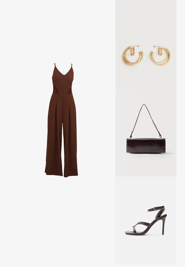 Brun jumpsuit med V-udskæring, tynde stropper, udskårne broderidetaljer på siderne og brede bukser med plisseret design.; Mørkebrune høje hæle sandal med tynde stropper, ankelspænde og et struktureret slangeskinds mønster på hvid baggrund.; Rektangulær sort læderhåndtaske med en enkelt lang rem og blank finish, vist mod en ensfarvet hvid baggrund.; Par af skinnende gyldne dobbelt loop øreringe med stift-lukning på hvid baggrund.