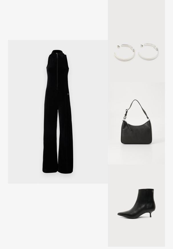 Mono negro con cremallera frontal, diseño sin mangas, cuello alto y piernas anchas. Tela suave y texturizada con sutiles detalles de costura.; Botín de piel negra con puntera puntiaguda y tacón bajo estilo kitten sobre fondo claro, mostrando vista lateral exterior.; Bolso de mano de cuero negro con forma curvada, una sola correa, cierre de cremallera y marcas sutiles en la parte frontal. Textura suave, diseño minimalista.; Pendientes de aro semicírculo en tono plateado con textura acanalada y cierre de presión sobre fondo blanco.