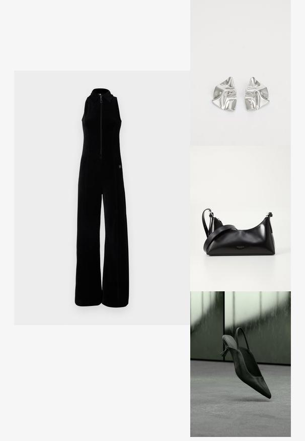 Mono negro con cremallera frontal, diseño sin mangas, cuello alto y piernas anchas. Tela suave y texturizada con sutiles detalles de costura.; Zapato de tacón alto con punta puntiaguda y talón destalonado de cuero negro flotando sobre un suelo alfombrado gris, fondo de pared verdosa borrosa.; Bolso de mano de cuero negro con una textura suave. Cuenta con una correa ajustable y un diseño elegante y minimalista con cierre de cremallera.; Pendientes de metal plateado con un diseño ondulado y escultórico, que presentan un acabado pulido y formas irregulares, destacando una estética contemporánea.