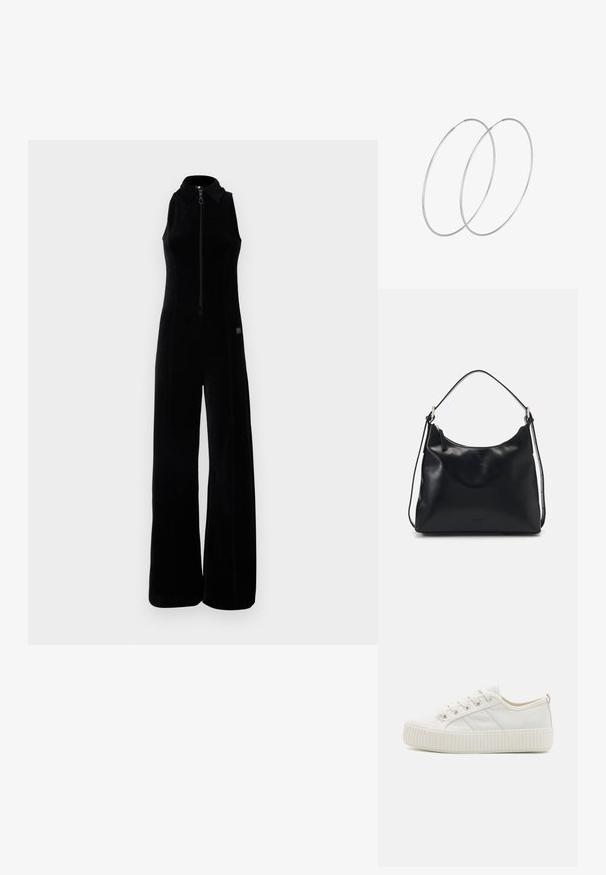 Mono negro con cremallera frontal, diseño sin mangas, cuello alto y piernas anchas. Tela suave y texturizada con sutiles detalles de costura.; Zapatillas de lona blancas con una suela de goma texturizada, puntera redondeada y diseño con cordones que presenta tres franjas laterales.; Mujer joven con cabello negro largo sentada sobre un bloque de madera, vistiendo un atuendo crema y sosteniendo un bolso de hombro de cuero negro cruzado sobre el pecho.; Pendientes de aro plateados con un diseño minimalista. Forma circular, textura suave y perfil delgado. Livianos con un acabado pulido.