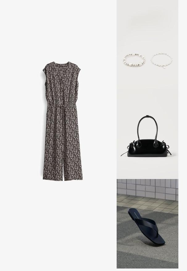Zwart en crèmekleurig jumpsuit met patroon, korte mouwen, V-hals en elastische tailleband. Stof lijkt lichtgewicht met een vloeiende uitstraling.; Zwarte teenslipper met vierkante neus en merknaam op het voetbed, rechtop geplaatst op gestructureerde bestrating nabij betegelde muur.; Kleine zwarte glanzende handtas met twee lange hengsels en zijkant trekkoord details op een effen lichte achtergrond.; Twee zilveren kralenarmbanden op een witte achtergrond; één met onregelmatige kralen en de andere met uniforme kralen en een kleine druppelvormige bedel.