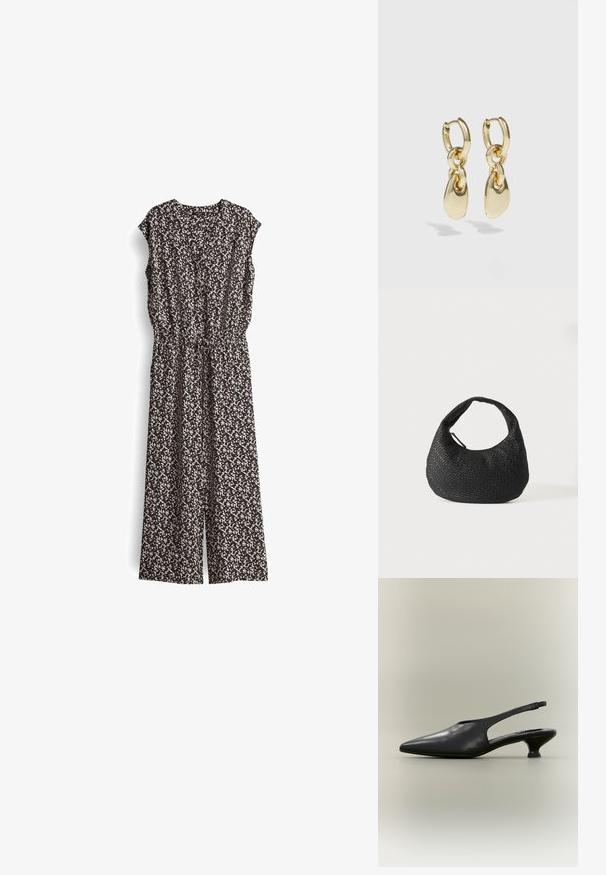 Zwart en crèmekleurig jumpsuit met patroon, korte mouwen, V-hals en elastische tailleband. Stof lijkt lichtgewicht met een vloeiende uitstraling.; Zwarte leren slingback schoen met puntige neus en lage kittenhak op een neutrale achtergrond.; Zwarte geweven leren handtas met een gebogen handvat en een maansikkelvormig lichaam, weergegeven op een eenvoudige witte achtergrond.; Gouden creolen met een verbonden ontwerp en een gladde, druppelvormige accent. De reflecterende afwerking vergroot de visuele aantrekkingskracht.