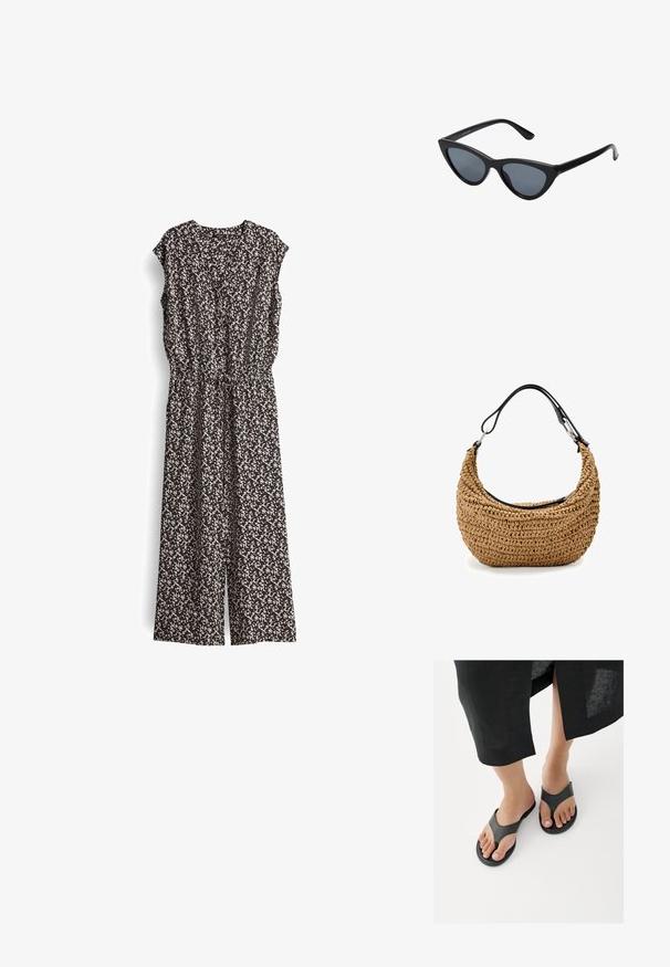 Zwart en crèmekleurig jumpsuit met patroon, korte mouwen, V-hals en elastische tailleband. Stof lijkt lichtgewicht met een vloeiende uitstraling.; Close-up van voeten die zwarte leren teenslippers dragen, met een zoom van een zwarte rok zichtbaar boven de enkels op een witte vloer.; Zwarte cat-eye zonnebril met donkergrijze lenzen, slank plastic frame, puntige hoeken en rechte pootjes. Geen zichtbare hardware of accenten.; Gevlochten strohandtas in beige met een gebogen silhouet, voorzien van een zwarte leren band en zilverkleurige metalen accenten. Gestructureerde afwerking.