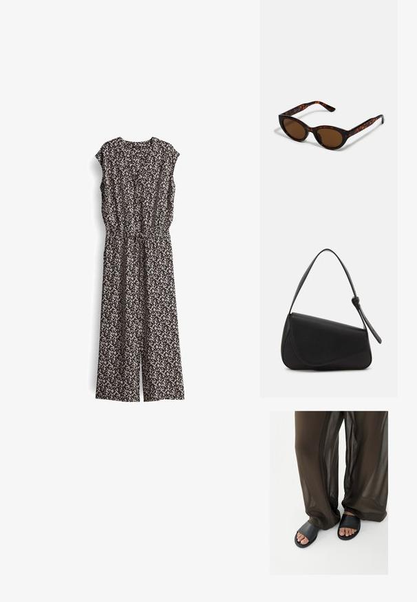 Zwart en crèmekleurig jumpsuit met patroon, korte mouwen, V-hals en elastische tailleband. Stof lijkt lichtgewicht met een vloeiende uitstraling.; Voeten in zwarte slidesandalen gecombineerd met losse, doorschijnende bruine broek tegen een effen witte achtergrond.; Bruine schildpad zonnebril met een vintage cat-eye vorm en bruine lenzen. Heeft gebogen armen met rode accenten.; Zwart leren handtas met een driehoekige vorm, schuine klep en een ronde handgreep. Heeft een gladde textuur en minimalistische ontwerpelementen.