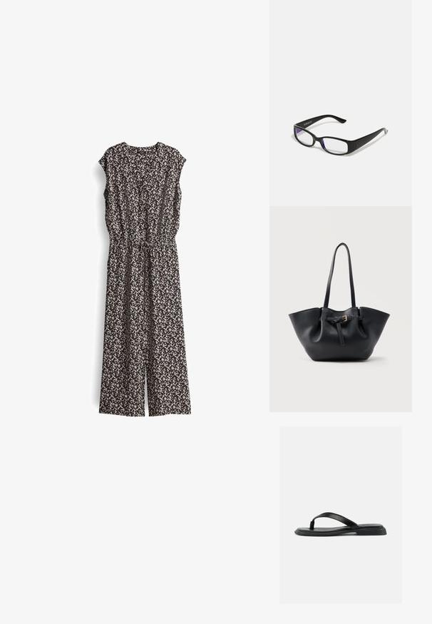 Zwart en crèmekleurig jumpsuit met patroon, korte mouwen, V-hals en elastische tailleband. Stof lijkt lichtgewicht met een vloeiende uitstraling.; Zwarte platte teenslipper met gestructureerde band en licht verhoogde hak, weergegeven in zijprofiel tegen een effen lichte achtergrond.; Zwarte rechthoekige bril met heldere glazen. Glanzende afwerking, smalle veren en paarse tint zichtbaar aan de randen van de glazen.; Zwarte leren tote bag met lange handvatten en een voorband met een kleine gouden gesp, tegen een effen achtergrond.