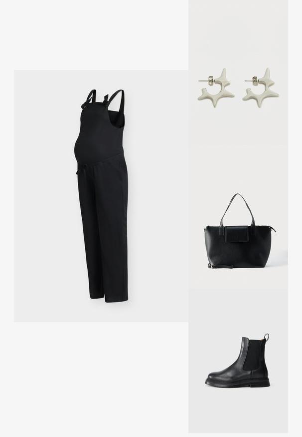 Salopette de maternité noire avec bretelles ajustables et taille à cordon de serrage, conçue pour le confort et la flexibilité.; Bottines Chelsea en cuir noir avec des panneaux latéraux élastiques, bout arrondi et semelle en caoutchouc noir texturé. Dispose d'une languette pour un enfilage facile.; Sac cabas en cuir noir avec deux poignées, une bandoulière amovible, une fermeture à rabat magnétique et une texture lisse. Fermeture supérieure zippée et surpiqûres décoratives.; Boucles d'oreilles en argent présentant un design abstrait distinctif avec des formes irrégulières et une finition brillante. Comprend une attache à tige pour fixation.