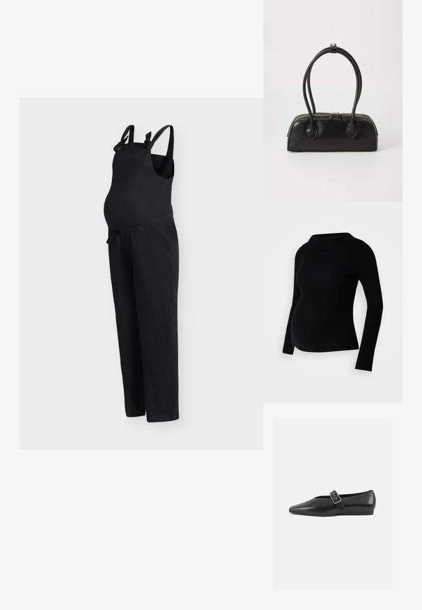 Salopette de maternité noire avec bretelles ajustables et taille à cordon de serrage, conçue pour le confort et la flexibilité.; Pull de maternité noir côtelé avec manches longues, col large replié et silhouette ajustée, conçu pour le confort et le style pendant la grossesse.; Chaussure plate en cuir noir avec un orteil pointu, présentant une sangle à boucle métallique sur le cou-de-pied et une semelle basse et flexible.; Sac à main en cuir noir avec deux anses allongées, fermeture éclair et forme arrondie ; texture lisse avec une finition légèrement brillante.