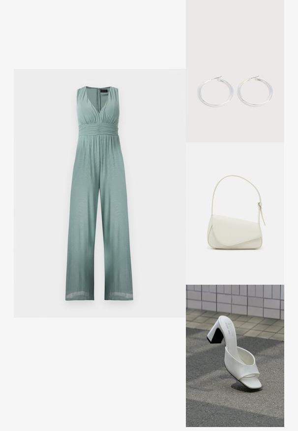 Αμάνικη ολόσωμη φόρμα σε χρώμα φασκόμηλου με βαθύ V-ντεκολτέ, σφηκοφωλιά στη μέση, φαρδιά παντελόνα και φερμουάρ στην πλάτη.; Λευκό μονό ανοιχτό παπούτσι mule με τακούνι μπλοκ, που στέκεται σε γκρι άσφαλτο μπροστά σε φόν από πλακιδιωμένο τοίχο.; Λευκή τσάντα από συνθετικό δέρμα με δομημένο τριγωνικό σχήμα, μονή ρυθμιζόμενη λαβή και κλείσιμο με καπάκι που τονίζει τις καμπύλες.; Ζεύγος λαμπερών ασημένιων κρίκων με λεπτές σύρμα σφραγίδες, παρουσιασμένα σε ανοιχτό γκρι φόντο.