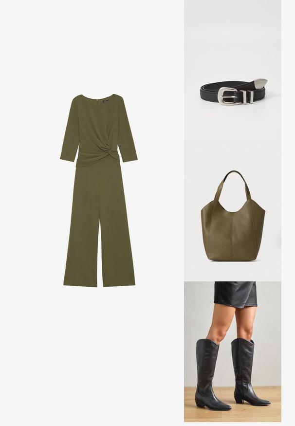 Olivengrøn jumpsuit lavet af blødt stof, med et snoet knudedetalje ved taljen, trekvartærmer og brede bukser.; Sorte knæhøje støvler lavet af glat læder, med spidse tæer, lav blokhæle og lynlås i siden for nem påtagning.; Oliven grøn læder tote taske med dobbelte håndtag, glat tekstur og fire panel design. Forstærket syning langs sømmene for holdbarhed.; Sort læderbælte med en sølvfarvet metalspænde og dobbelt løkke detaljer, der har en tekstureret overflade og en spids ende for en sikker pasform.