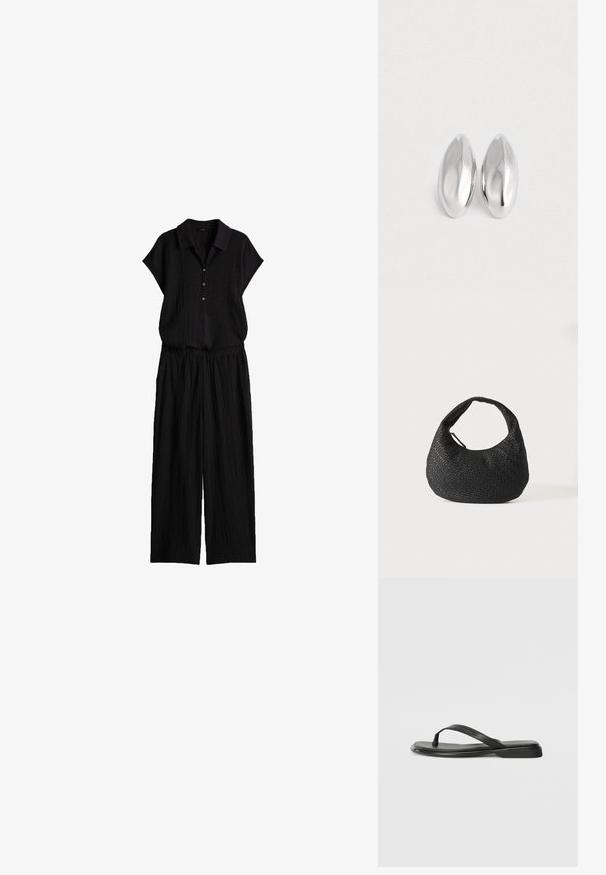 Zwart getextureerd tweedelig outfit met een kortemouwen coltop met knopen en wijde broek, gemaakt van lichte stof.; Zwarte teenflip-flop van glad leer, met een dunne band en een platte zool met een minimalistisch profiel. Geen opvallende patronen of accenten.; Zwarte geweven leren handtas met een gebogen handvat en een maansikkelvormig lichaam, weergegeven op een eenvoudige witte achtergrond.; Een paar gladde, glanzende zilveren ovale objecten die naast elkaar zijn geplaatst op een eenvoudige witte achtergrond.