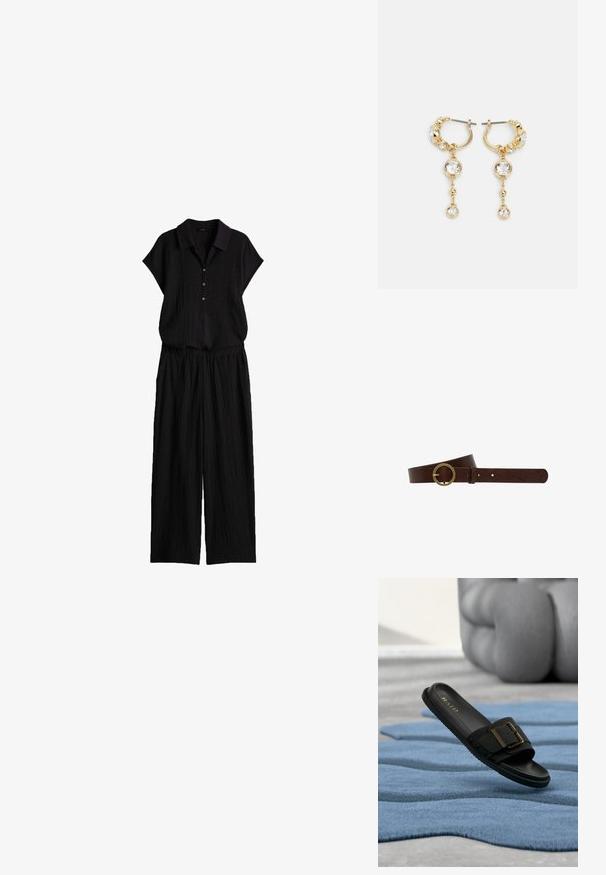 Zwart getextureerd tweedelig outfit met een kortemouwen coltop met knopen en wijde broek, gemaakt van lichte stof.; Zwarte slidesandaal met gouden gesp ligt op een gestructureerd blauw tapijt, grijze kussens wazig op de achtergrond.; Gouden creolen met hangende heldere kristallen, een gepolijste afwerking, ronde vormen en afwisselende kralenaccenten.; Bruine leren riem met een gestructureerde afwerking, voorzien van een ronde messing gesp en verschillende verstelgaatjes voor de maat. Eenvoudig, strak ontwerp.