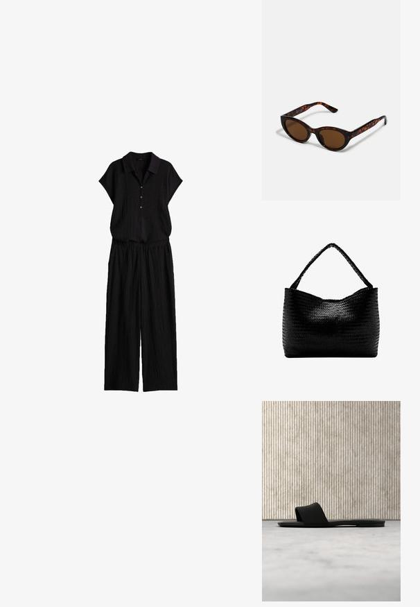 Schwarzes, strukturiertes zweiteiliges Outfit mit kurzärmeligem, kragenbelegtem Hemd und weit geschnittenen Hosen aus leichtem Stoff.; Schwarze Calvin Klein Slide-Sandale mit offenem Zehenbereich, die auf einem beigen Teppich in der Nähe eines runden, bernsteinfarbenen Tischfußes in einer modernen Innenumgebung liegt.; Braune Schildpatt-Sonnenbrille mit einer Vintage-Cat-Eye-Form und braunen Gläsern. Verfügt über gebogene Bügel mit roten Akzenten.; Schwarze gewebte Handtasche mit einem geflochtenen Griff, rechteckiger Form und glänzend strukturierter Oberfläche.