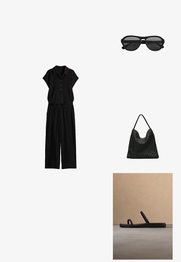 Zwart getextureerd tweedelig outfit met een kortemouwen coltop met knopen en wijde broek, gemaakt van lichte stof.; Zwarte Crocs-sandaal met minimalistische dubbele bandjes zwevend boven een beige tapijt in een ruimte met neutrale tinten en zachte meubelachtergrond.; Zonnebril met zwart kunststof montuur, donkere getinte lenzen en een smalle brug, gezien van voren tegen een witte achtergrond.; Zwarte gevlochten leren schoudertas met enkele gevlochten riem en zachte, slappe driehoekige vorm tegen een witte achtergrond.