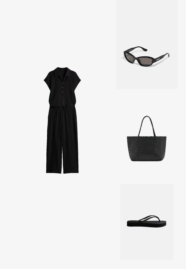 Ensemble noir texturé deux pièces avec haut à manches courtes boutonné à col et pantalon à jambes larges, fabriqué dans un tissu léger.; Tongs en caoutchouc noir avec semelle texturée et bride en forme de Y, vues de côté sur un fond clair uni.; Lunettes de soleil noires avec une monture rectangulaire, des verres sombres, un matériau plastique lisse et un accent métallique sur la branche.; Sac cabas noir tissé avec deux anses tressées, forme rectangulaire et motif texturé, présenté sur un fond blanc uni.