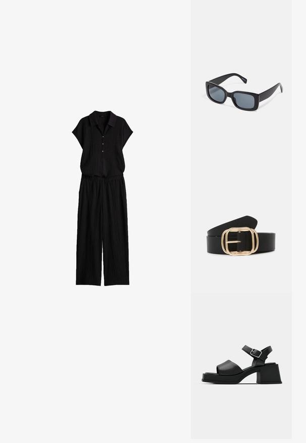 Schwarzes, strukturiertes zweiteiliges Outfit mit kurzärmeligem, kragenbelegtem Hemd und weit geschnittenen Hosen aus leichtem Stoff.; Schwarze Leder-Plateausandalen mit einem Peeptoe-Design, Knöchelriemen und einem klobigen, quadratischen Absatz. Sanfte Textur und minimalistischer Stil.; Schwarze rechteckige Sonnenbrille mit dunkel getönten Gläsern, dickem Kunstrahmen und breiten Bügeln. Glatte Oberfläche und kantiges Design.; Schwarzer Leder-Gürtel mit einer rechteckigen, goldfarbigen Schnalle mit abgerundeten Kanten, glatter Textur und einem eleganten Design.
