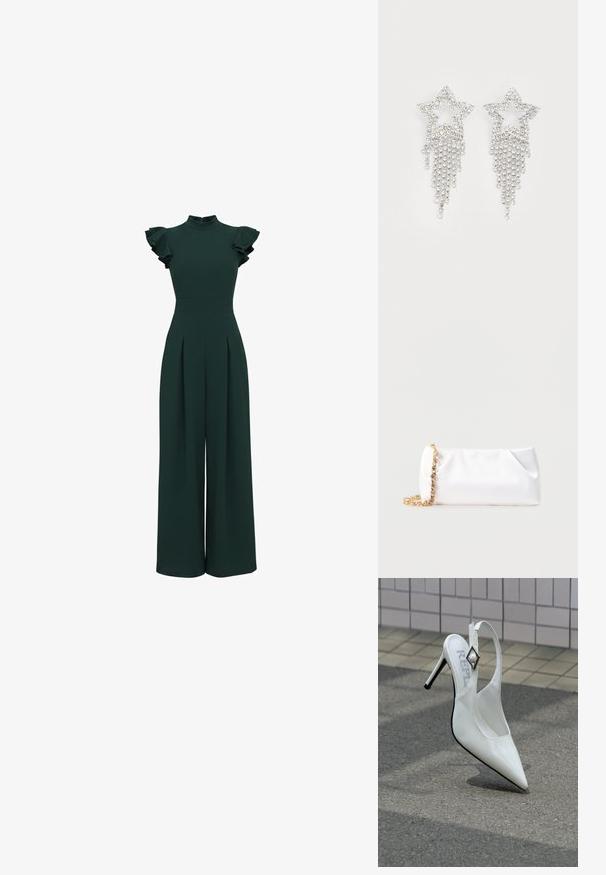 Combinaison pantalon vert foncé à jambes larges avec col montant et manches courtes à volants, taille cintrée et pantalon plissé devant.; Chaussure blanche à talon haut avec un bout pointu, design à bride arrière et détail métallique en forme de diamant sur la bride. Fini en cuir verni brillant.; Pochette souple blanche avec bandoulière chaîne dorée ornée de pierres précieuses transparentes, sur fond gris clair uni.; Boucles d'oreilles en strass en forme d'étoile avec des détails de franges en cascade, présentant une teinte argentée et une surface brillante et réfléchissante. Forme d'étoile avec un design complexe.