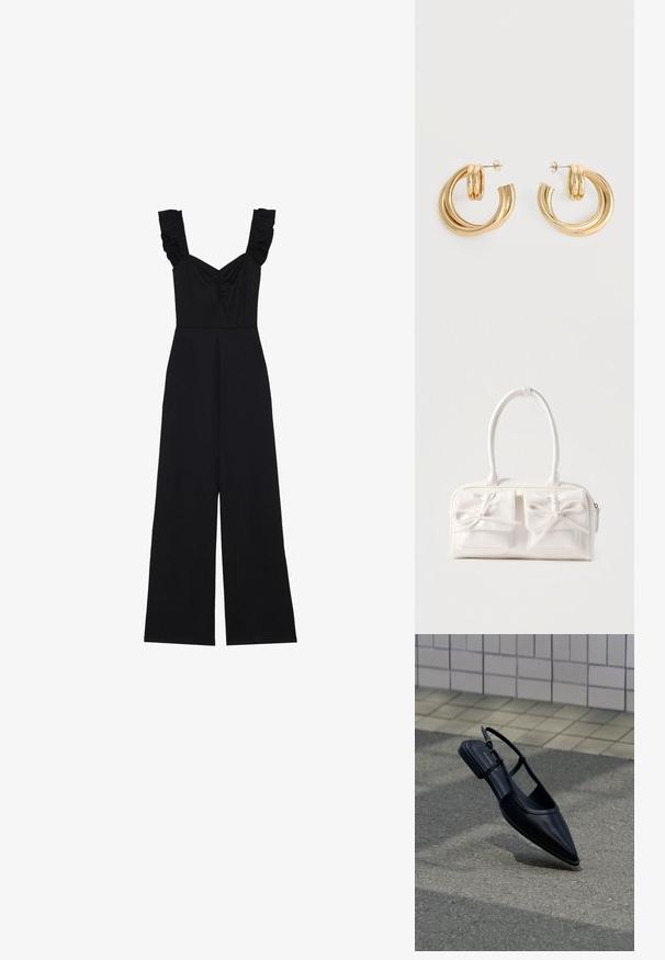 Must värviline jumpsuit laia jalaga, rufflestrapsid ja volangdetailid rinnaosas. Valmistatud pehmest kangast, millel on sile tekstuur.; Must terava ninaosaga rihmlakk king seisab asfaldipinnal, selle kõrval on plaaditud kõnnitee.; Valge sünteetiline käekott kahe ees oleva taskuga, kummalgi lipsu detail. Sile tekstuur, ümarad sangad ja tõmblukuga sulgemine.; Sädelevad kuldsed topeltringidega kõrvarõngad postitaga valgel taustal.