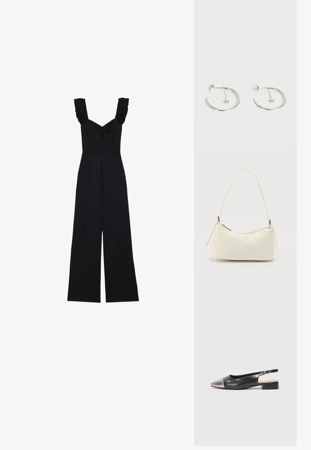 Sort jumpsuit med brede ben, flæser på stropperne og sammensamling ved brystet. Lavet af blødt stof med en glat overflade.; Slingback-sko med en overdel i sort læder, en metallisk rosaguld spids tå og en lav blokhæl. Glat tekstur med et buet design.; Lille hvid tekstureret læderhåndtaske med en buet lynlås øverst, enkelt skulderrem og et minimalt metal-logo midt for.; Sølv hoops øreringe med små hængende hjerte charms på korte kæder mod en ensartet lys baggrund.
