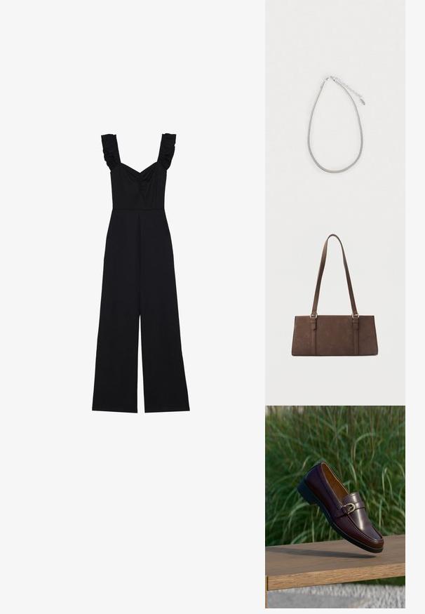Sort jumpsuit med brede ben, flæser på stropperne og sammensamling ved brystet. Lavet af blødt stof med en glat overflade.; Mørkebrune læderloafer med guldbeslag, ophængt over en træbænk, grøn græsplæne i baggrunden.; Brun rektangulær skuldertaske med lange stropper og minimale syningsdetaljer på en ensfarvet baggrund.; Grå metall kædedesign med en glat overflade, der har en justerbar klips og et lille mærke tæt på låsen. Enkel, minimalistisk stil.