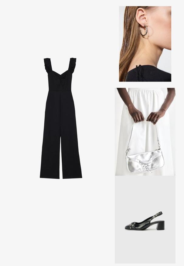 Zwarte jumpsuit met brede benen, ruches op de schouderbanden en een gathered detail bij de bust. Gemaakt van een zachte stof met een gladde textuur.; Zwart leren slingback hak met een spitse neus, eenTextuur strap met cirkelvormige metalen accenten en een gestapelde blokhak.; Zilveren metalen handtas met vetersluiting, met een strak ontwerp en een korte schouderriem. De tas wordt vastgehouden in de handen, waardoor de textuur goed tot zijn recht komt.; Zilveren oorbel met een gepolijste afwerking, met kleine gouden accentdetails en een ronde vorm, gedragen op de oorlel.