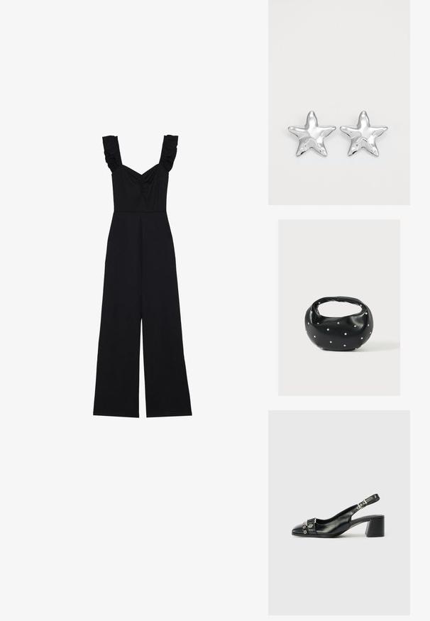 Must värviline jumpsuit laia jalaga, rufflestrapsid ja volangdetailid rinnaosas. Valmistatud pehmest kangast, millel on sile tekstuur.; Must musta slingi kontsaga, millel on terav nina, tekstuuriga rihm, millel on ümmargused metallaktsendid ja kihiline plokkkonts.; Mustast nahast ümmarguse kujuga käekott, kaunistatud hõbedaste naeladega, lühikese sangaga. Sile tekstuur ja tõmblukuga sulgemine.; Hõbedased tähtkujulised kõrvarõngad, millel on poleeritud, sile pind. Iga kõrvarõnga puhul on viie tipuga ja peene pindade tekstuuriga detailid.
