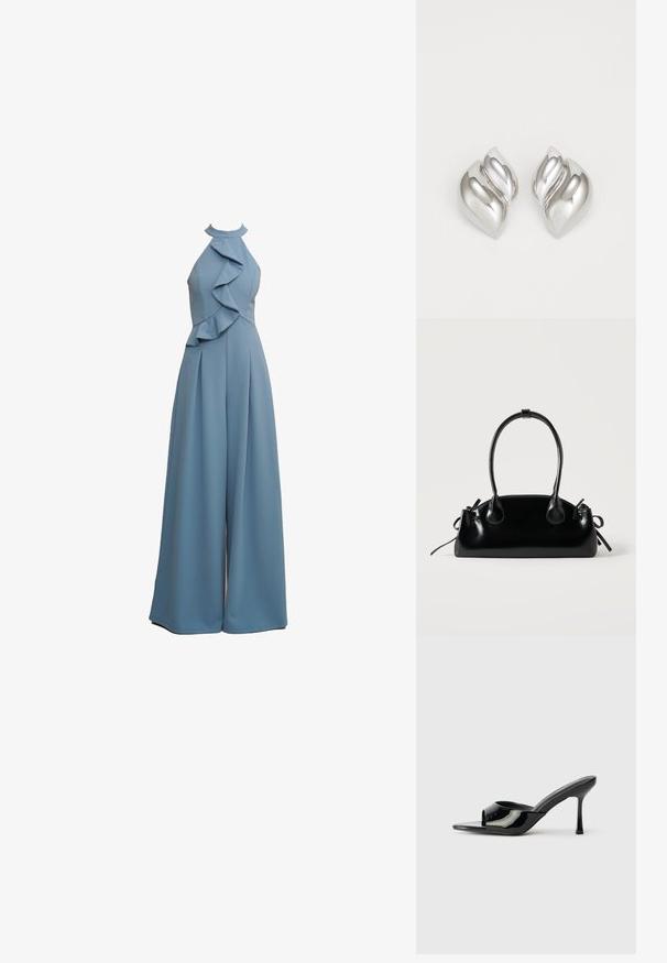 Mono azul claro con cuello halter, detalles ligeramente fruncidos en la parte delantera, diseño de pierna ancha y tejido texturizado.; Mules de charol negro con punta abierta, una tira estrecha y tacón stilettos. Textura suave y diseño minimalista con suela plana.; Pequeño bolso negro brillante con dos asas largas y detalles de cordón lateral sobre un fondo claro liso.; Pendientes de plata con una forma orgánica y abstracta. Superficie lisa y brillante con un diseño cónico. Presentan suaves curvas y un detalle de línea central.