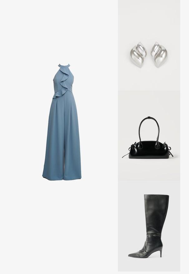 Himmelblauer Jumpsuit mit Halterneck, Rüschendetails an der Vorderseite, weitem Bein-Design und strukturiertem Stoff.; Schwarze kniehohe Lederstiefel mit schlankem Absatz, spitz zulaufender Spitze und Riemendetails am Knöchel. Glatte Textur und eng anliegendes Design.; Kleine schwarze glänzende Handtasche mit zwei langen Griffen und seitlichen Kordelzug-Details vor einfachem hellem Hintergrund.; Silberne Ohrringe mit einer organischen, abstrakten Form. Glatte, glänzende Oberfläche mit einem konischen Design. Mit dezenten Kurven und einem zentralen Linienelement.