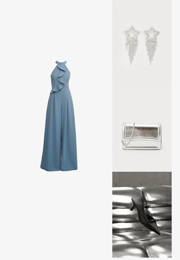 Mono azul claro con cuello halter, detalles ligeramente fruncidos en la parte delantera, diseño de pierna ancha y tejido texturizado.; Zapato negro de tacón con punta afilada y tira trasera, con un pequeño lazo, apoyado sobre un tapizado de cuero plateado brillante con capitoné.; Bolso de mano metálico plateado con textura suave, cierre de solapa y cadena para el hombro. Presenta un diseño rectangular estructurado y acentos cosidos.; Pendientes en forma de estrella con strass y detalles de flecos en cascada, con un tono plateado y una superficie brillante y reflectante. Forma de estrella con un diseño intrincado.