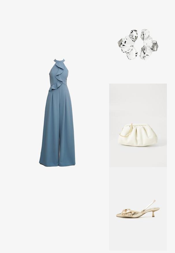 Hele sinine jumpsuit, millel on kaela tagant kinnituv rihm, volangid esiosas, laiad sääred ja tekstureeritud kangas.; Kullatud metallik slingback kingad terava varbaga, tekstureeritud viimistlusega, dekoratiivse paela detailiga ja madala ruudu kontsaga.; Valge nahast käsipadi, millel on kogutud disain, kuldne kett ja ümar kuju. Sile tekstuur pehmete voltidega ja ilma mustriteta.; Kuus ebaühtlaselt kujundatud läbipaistvat ja peegeldavat klaasitaolist tükki, paigutatud valgele taustale.