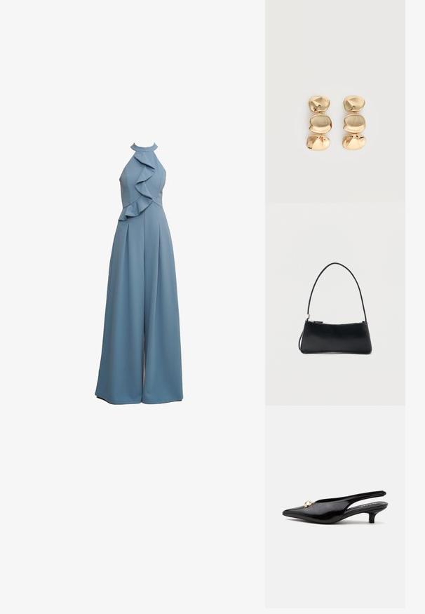Combinaison bleu clair avec col en halter, détails volants sur le devant, coupe ample et tissu texturé.; Escarpin slingback noir en cuir verni à petit talon kitten, avec un bout pointu et un petit ornement rond doré sur le dessus.; Sac à main rectangulaire noir avec une fine bandoulière et fermeture éclair, présenté sur un fond blanc uni.; Boucles d’oreilles pendantes ton or avec trois segments irréguliers, lisses et arrondis empilés verticalement sur un fond clair uni.