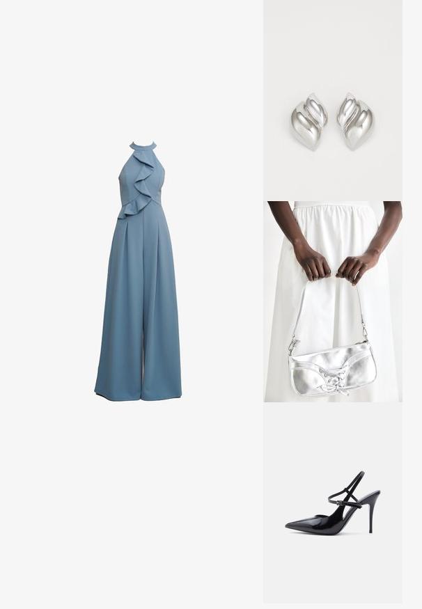 Lysblå jumpsuit med halterneck, flæsekant på forsiden, bred bendesign og struktureret stof.; Sort laklædersko med spids tå og høj hæl, med to smalle justerbare ankelstropper og en stilet hæl, vist fra siden.; Sølvmetallic håndtaske med snøredetaljer, der har et slankt design og en kort strop. Tasken holdes i hænderne for at fremvise dens tekstur.; Sølvøreringe med en organisk, abstrakt form. Glat, skinnende overflade med et tilspidset design. Har subtile kurver og en centrallinje detalje.