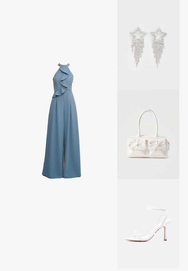 Combinaison bleu clair avec col en halter, détails volants sur le devant, coupe ample et tissu texturé.; Sandale blanche à talon haut avec des lanières fines autour de la cheville et des orteils ornées de petits détails en perles, et une fermeture à boucle.; Sac à main synthétique blanc avec deux poches avant, chacune ornée d'un nœud noué. Texture lisse, anses arrondies et fermeture zippée.; Boucles d'oreilles en strass en forme d'étoile avec des détails de franges en cascade, présentant une teinte argentée et une surface brillante et réfléchissante. Forme d'étoile avec un design complexe.