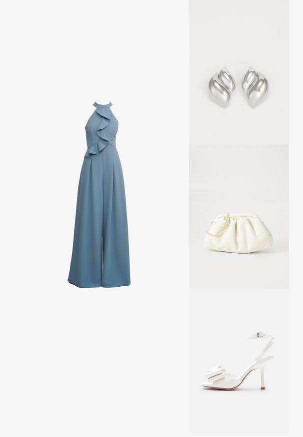 Himmelblauer Jumpsuit mit Halterneck, Rüschendetails an der Vorderseite, weitem Bein-Design und strukturiertem Stoff.; Weiße Sandalette mit hohem Absatz, Knöchelriemen, offenem Zehenbereich und dekorativer Schleife am vorderen Riemen vor einfachem Hintergrund.; Weiße Lederhandtasche mit einem gerafften Design, ausgestattet mit einem goldenen Kettenriemen und einer runden Form. Glatte Textur mit sanften Falten und ohne Muster.; Silberne Ohrringe mit einer organischen, abstrakten Form. Glatte, glänzende Oberfläche mit einem konischen Design. Mit dezenten Kurven und einem zentralen Linienelement.