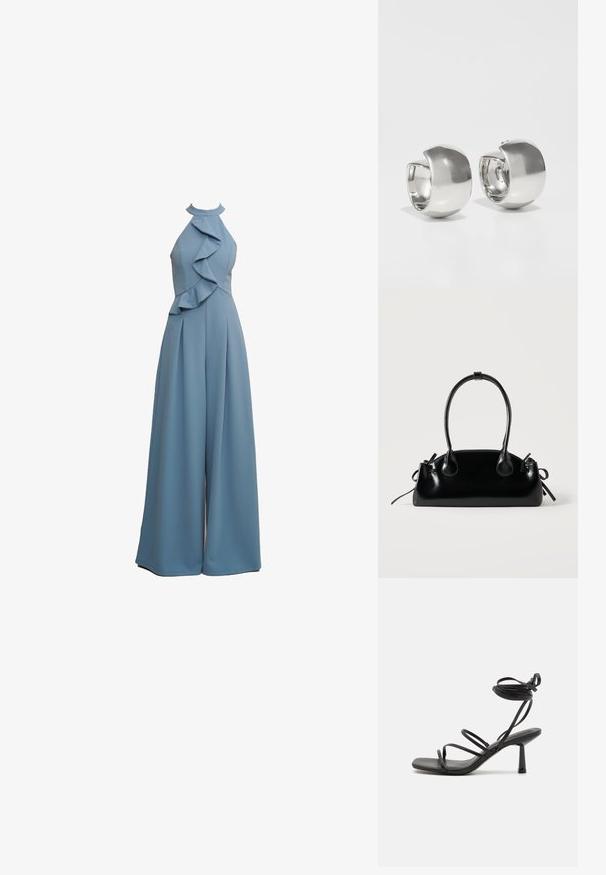 Combinaison bleu clair avec col en halter, détails volants sur le devant, coupe ample et tissu texturé.; Sandale noire à lanières avec un bout carré, des liens de cheville réglables et un talon carré fin. Fabriquée en un matériau lisse et durable.; Petit sac à main noir brillant avec deux longues anses et des détails à cordon sur les côtés sur un fond clair uni.; Uncommon Matters SCULPTURAL LARGE CREOLE - Boucles d'oreilles - silver-coloured